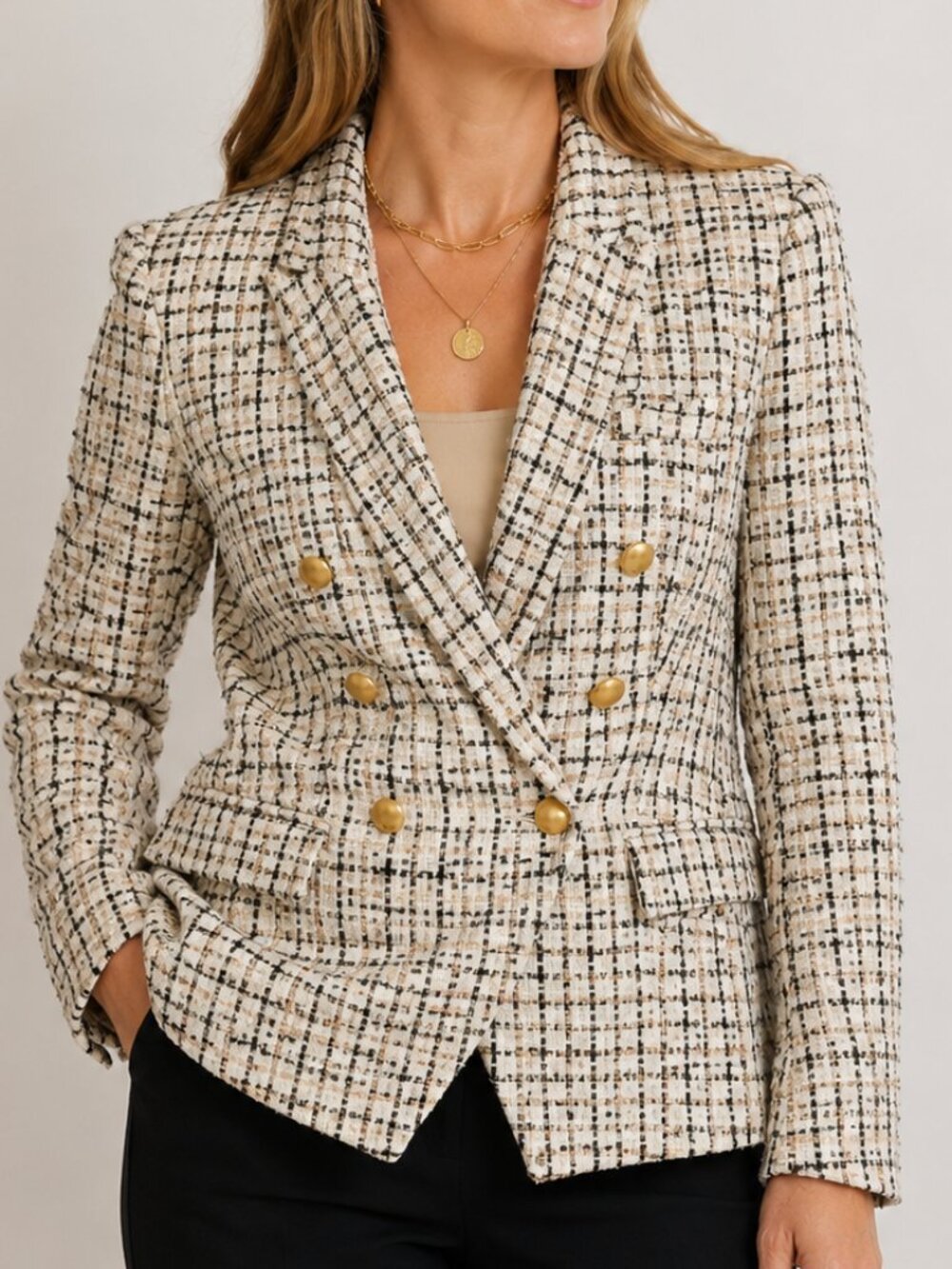 L’Agence Kenzie Tweed Double Breasted Blazer Ivory Gold Buttons Size 8